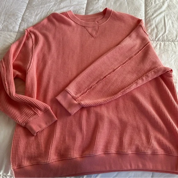 Aerie Pink Waffle Knit Thermal Top Long Sleeve Crewneck Relaxed Fit XXL - Picture 1 of 10